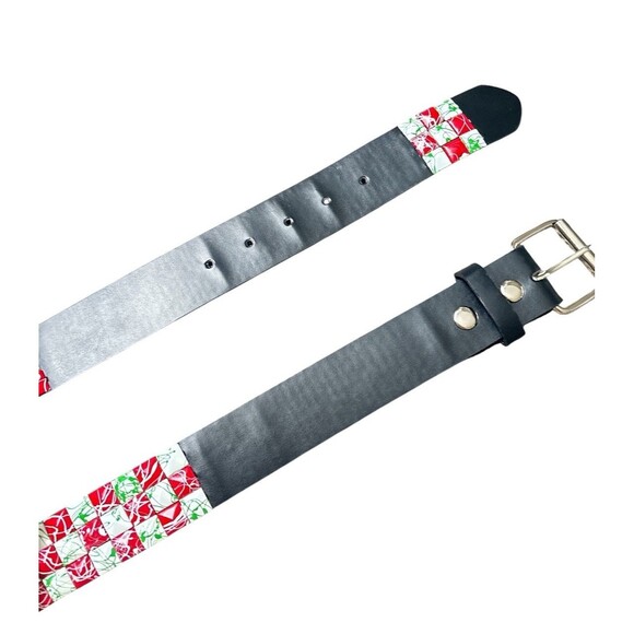 Belt Black Genuine Leather Italy White Red Green Splatter Studded Size M 34-38 - Picture 5 of 6